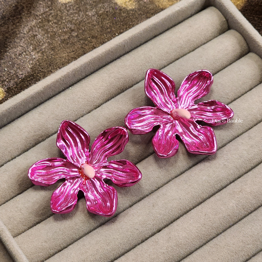 Pink Metallic Flower Studs